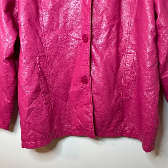 Hot pink crinkled vegan leather pointed collar button down pockets trench coat! - Picture 6 of 14